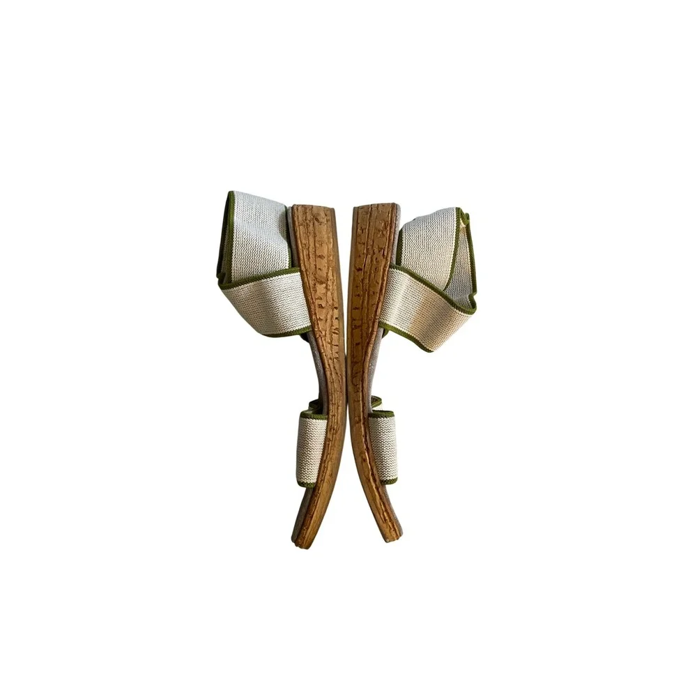 Elastic Strap Cork Like Wedge Sandals Cream Green Sz 9 by Charleston Shoe Co.